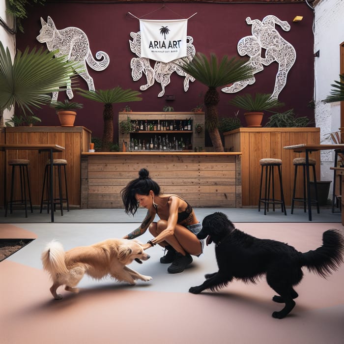 Spanish Woman Constructing Concrete Floor in Exotic Bar Lounge Surrounded by Tropical Plants and Dogs