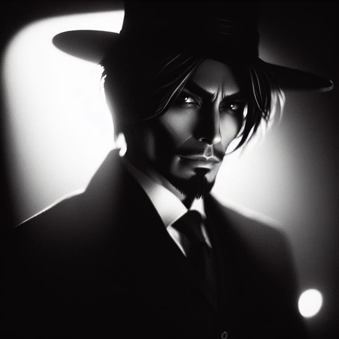 Enigmatic Hispanic Undertaker in Film Noir Setting