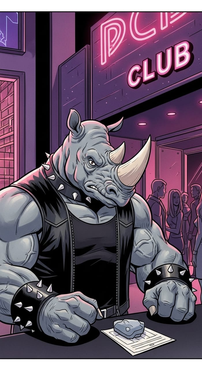 Rhino Bouncer at Club Door - Comic Style Art Rhino Bouncer at Club Door - Comic Style Art