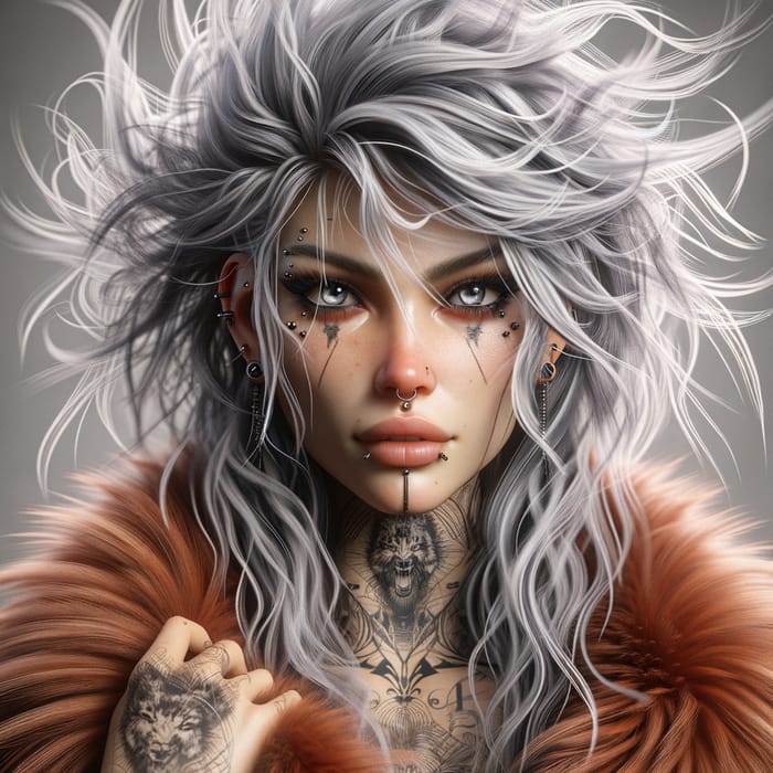 Cyberpunk Female Character with Silver-White Hair - Piercing Gray Eyes & Tattoos