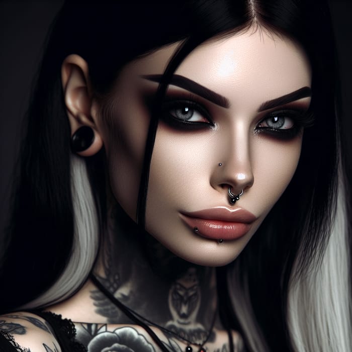 Stunning Gothic Woman with Almond Eyes, Smoky Shadow, and Jet Black Hair