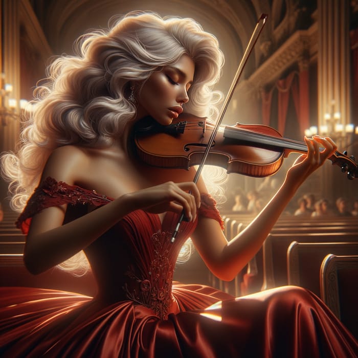 Elegant Violinist with Long White Hair in Red Gown | Art Nouveau Fantasy Performance