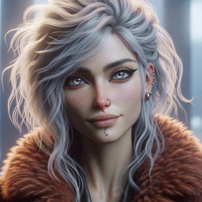 Edgy Cyberpunk Female with White Hair, Piercings & Fur Coat