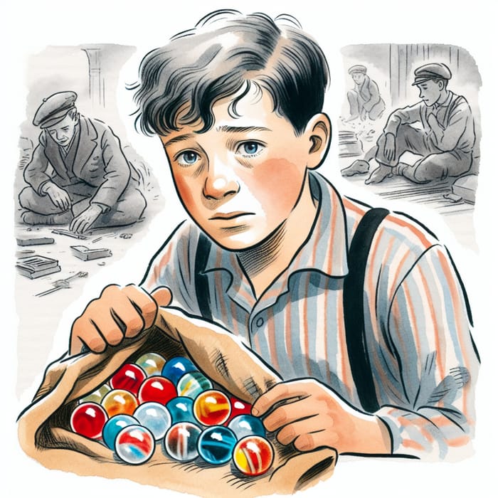 Joseph Joffo | Illustration of a determined young Jewish boy with colorful marbles