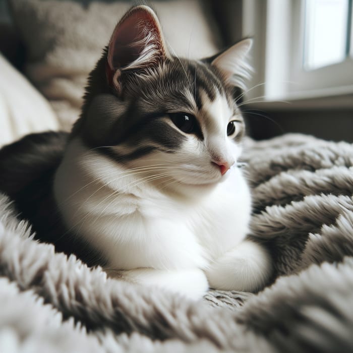 Cute and Cozy White Domestic Cat Relaxing on Plush Blanket