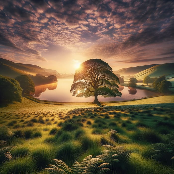 Tranquil Morning Landscape with Green Field, Lake, and Hills