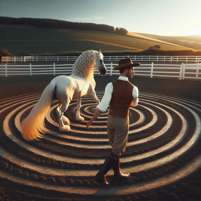 Round Riding Arena with Caucasian Horse Tamer and Spiraling White Horse