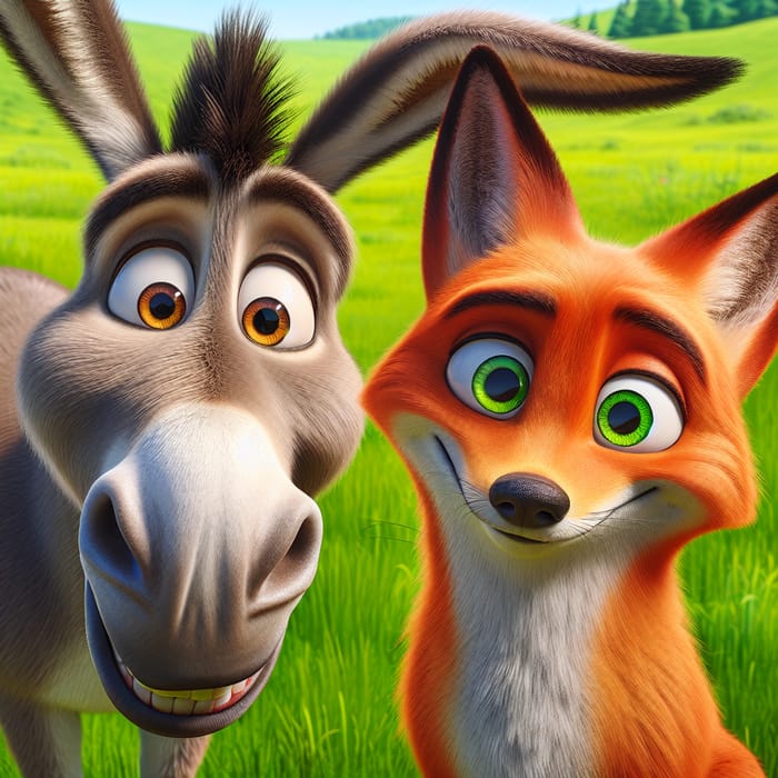 Silly Donkey and Cunning Fox Friendship in Animated Green Scene