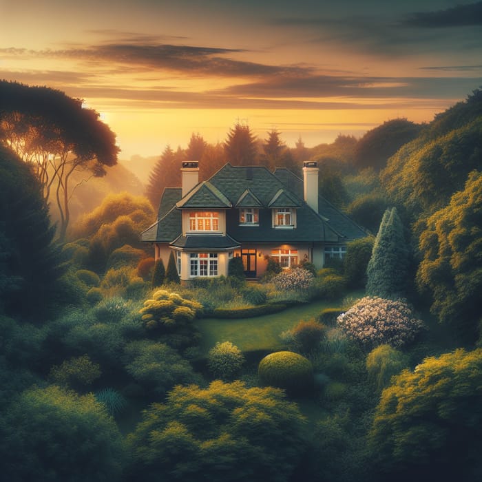 Beautiful House Surrounded by Greenery at Sunrise