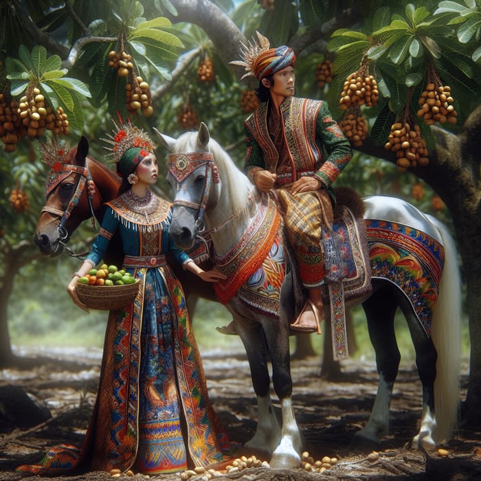 Sumba Island Couple in Traditional Attire Harvest Cashew Nuts on Horseback