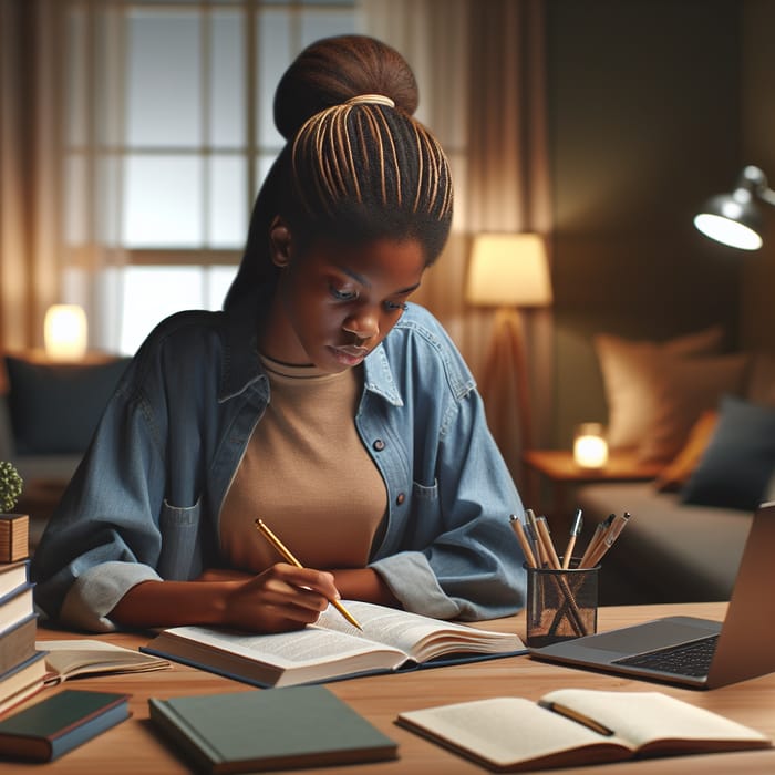 Tranquil Black Girl Engrossed in Studying | Academic Scene