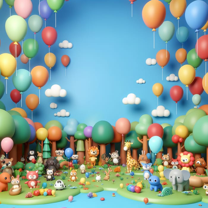 Colorful 3D Forest with Animals and Balloons