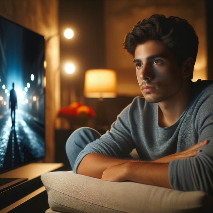 Hispanic Man Engrossed in Movie in Comfortable Armchair