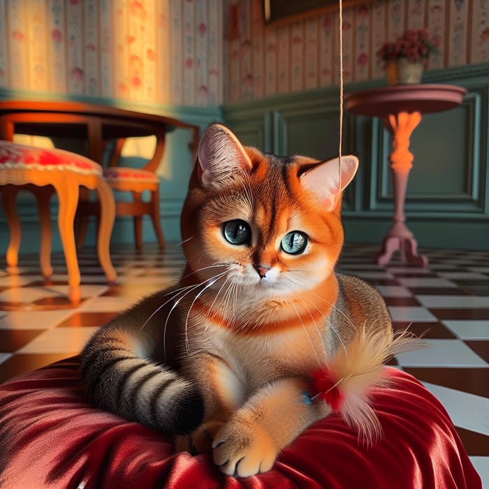 Orange Cat with Turquoise Eyes on Red Cushion