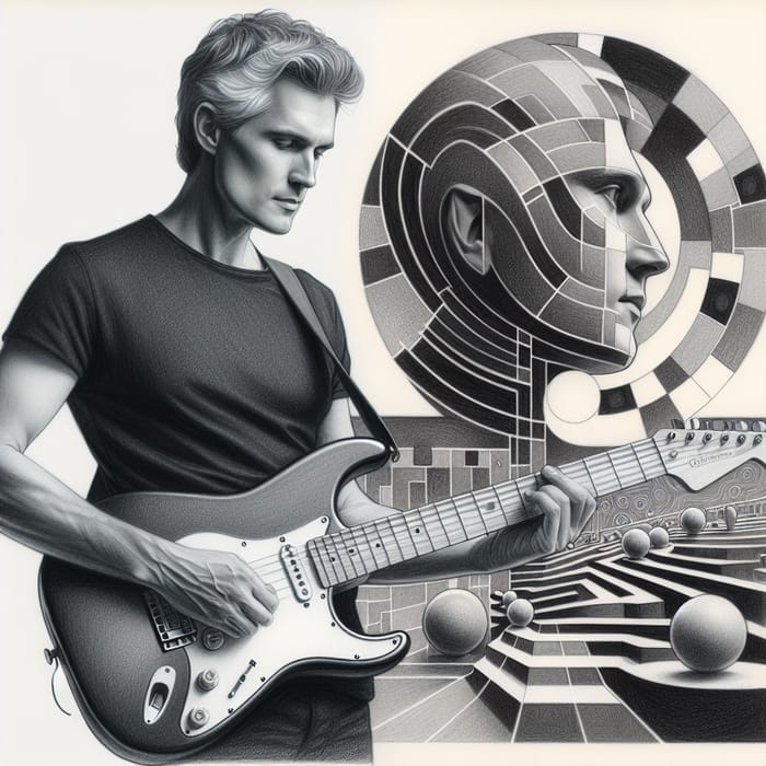 Pencil Drawing of a Guitarist with Abstract Background