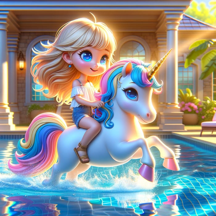 Magical 3D Image: Blonde Girl on Unicorn by Sunny Poolside