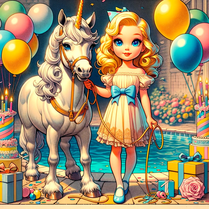 Warm and Colorful 3D Animation of a Blonde Girl on a Unicorn by a Pool with Birthday Decor