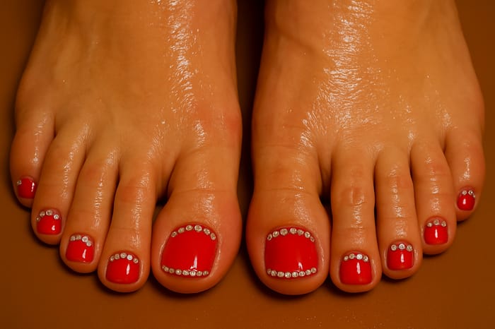 Glamorous Red Toenails with Crystal Gems Glamorous Red Toenails with Crystal Gems