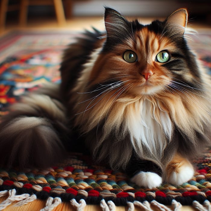 Adorable Calico Cat Resting on Vibrant Rug