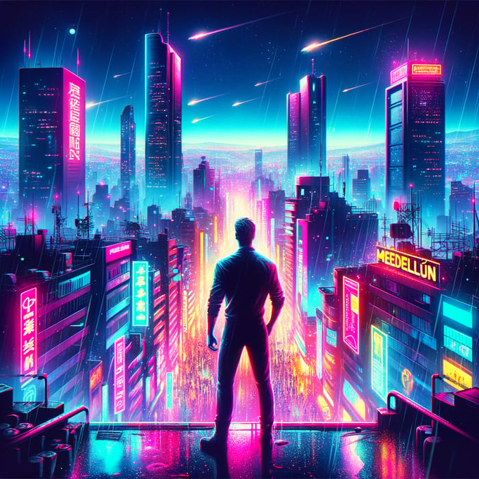 Synthwave Journey: Man's Reflection in Neon-Lit Medellín