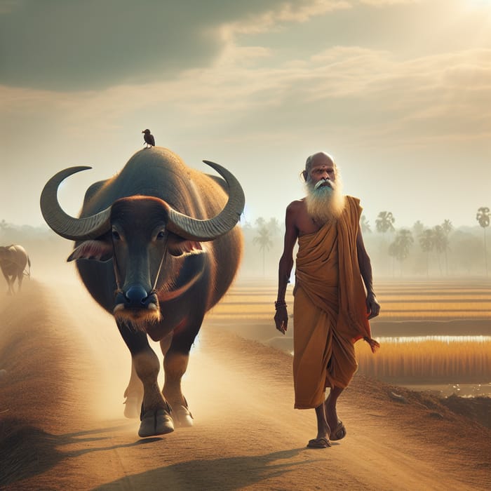 Serene Rural Life Scene: Brahmin and Buffalo on Country Road