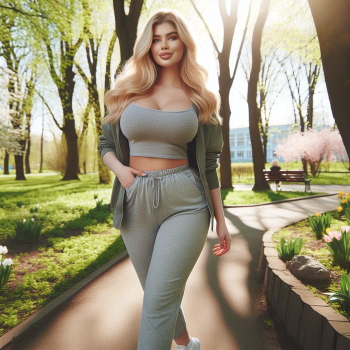 Beautiful Blonde Strolling in Spring Park | Casual Sneakers