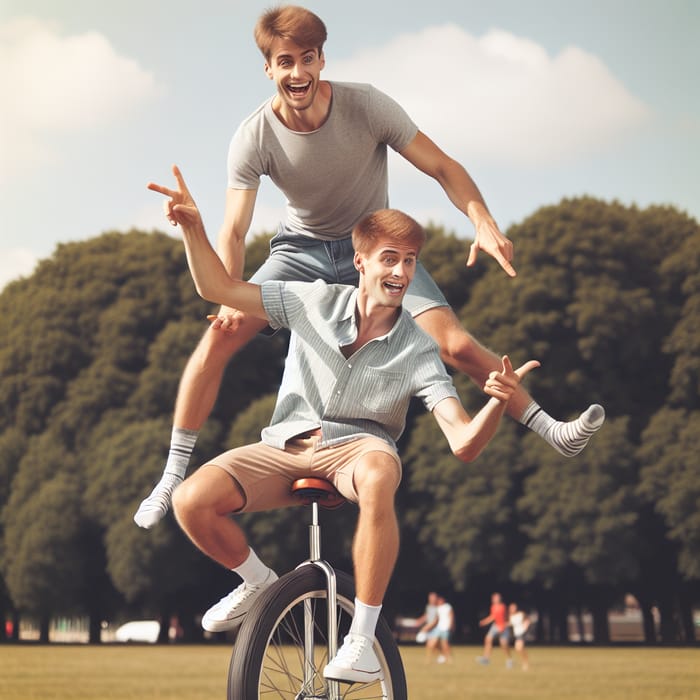 Two Men Balancing on a Monocycle in the Park