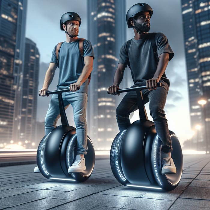 Two Men Ride on an Electric Mono-Wheel