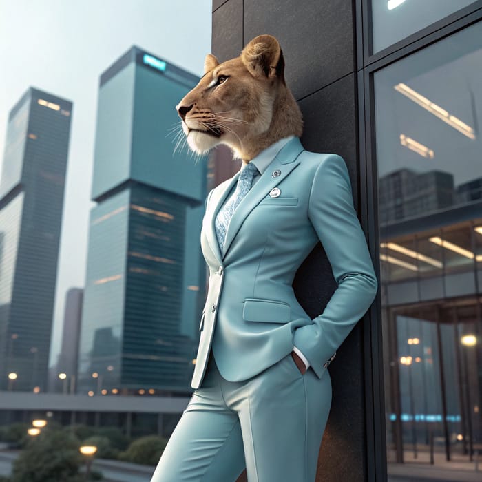 Elegant Female Lion in Light Blue Tuxedo