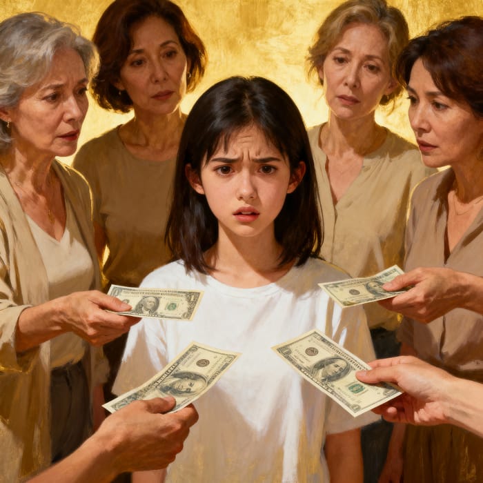 Confused Young Woman Surrounded by Older Women Confused Young Woman Surrounded by Older Women