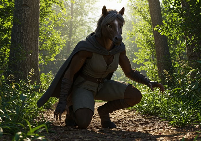 Stealthy Anthro Horse Woman in Lush Forest