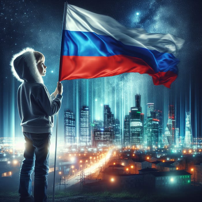 Boy with Russian Flag in Front of Burning Kiev Skyline