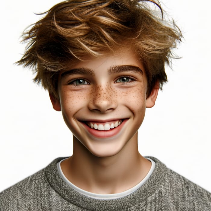 Cheerful 14-Year-Old Boy with Fluffy Dirty Blonde Hair and Freckles