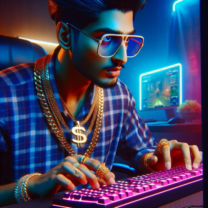 Super Realistic Mahadev Gamer With Gold Dollar Necklace in Neon Room