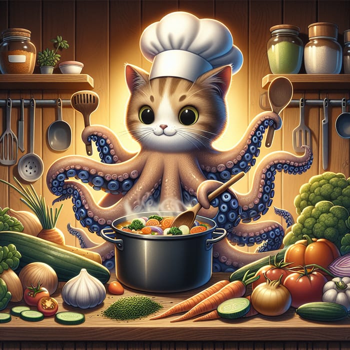 Animated Octopus Cat Cooking Illustration in Cozy Kitchen