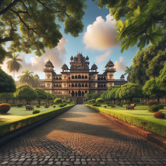 Hindu Palace with Long Path in Serene Setting