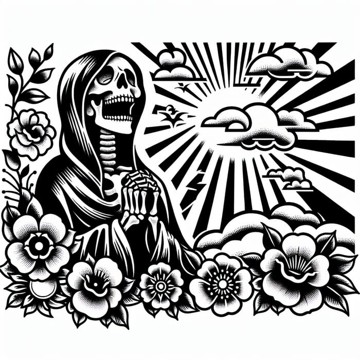 Black and White Death Tattoo Stencil - Symbolizing Happiness and Peace Afterlife