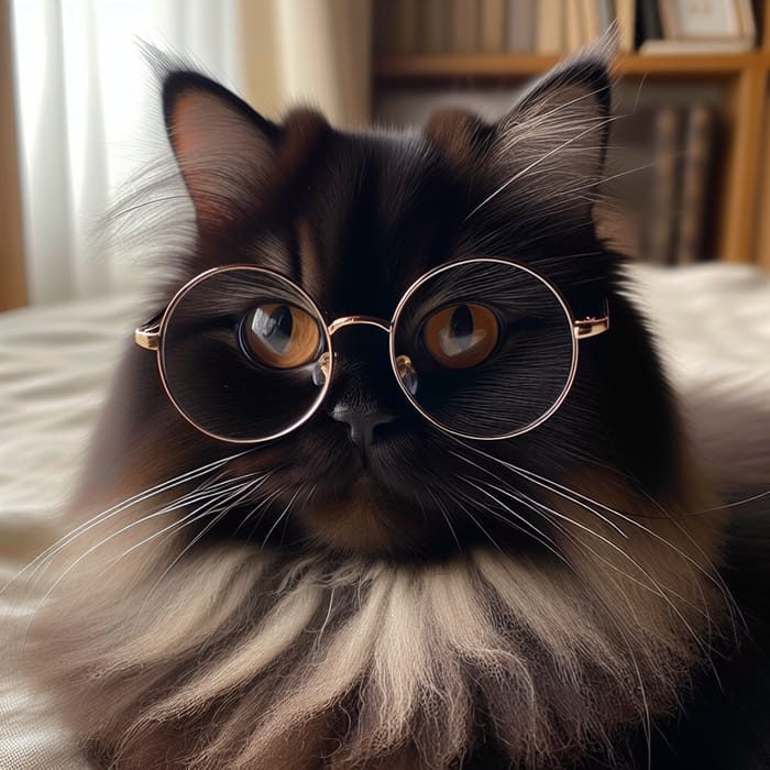 Charming Asian Cat in Glasses | Elegant Black Fur