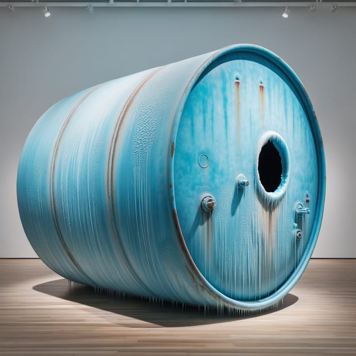 Frozen Blue Storage Tank Displayed in Gallery