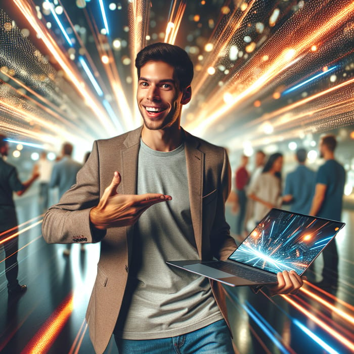 Smiling Hispanic Man Holding Modern Laptop in High-Tech Environment