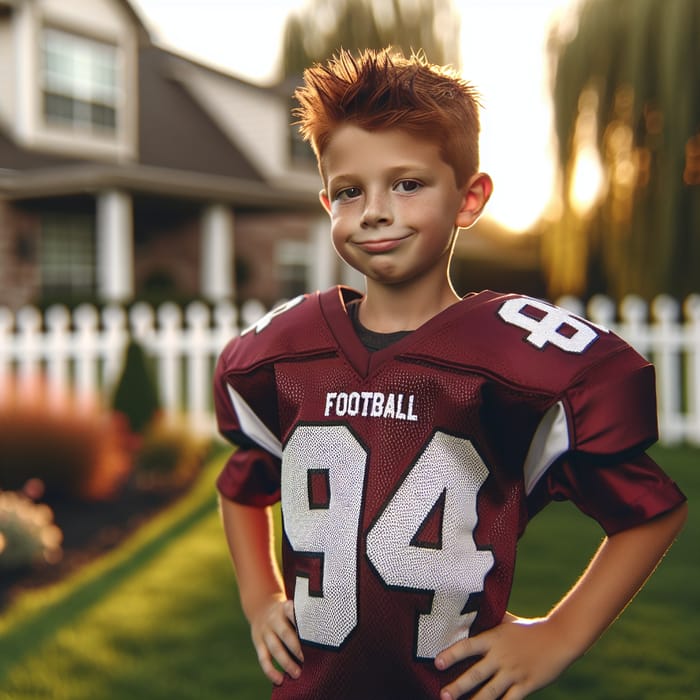 Energetic Young Boy in Maroon Football Jersey | Vibrant Sports Photography