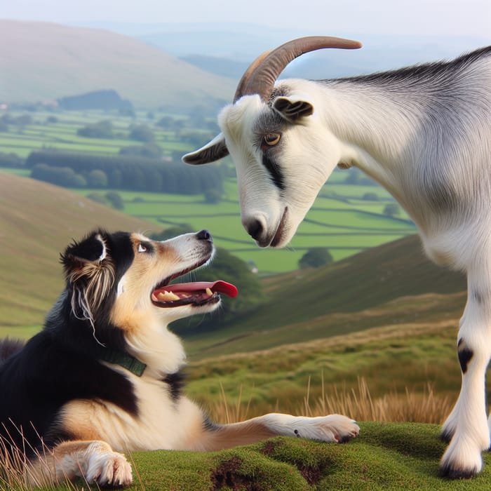 Goat and Dog: A Playful Countryside Encounter