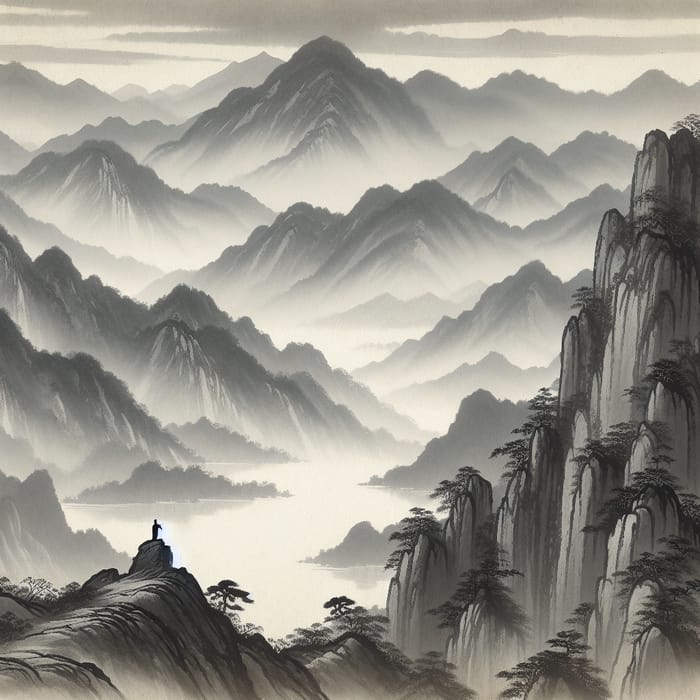 Tranquil Chinese Ink Wash Mountain Landscape - Simplistic Serenity