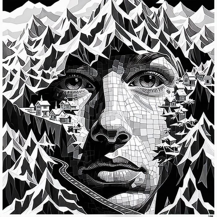 Escher-Inspired Face Transformed into Alpine Landscapes