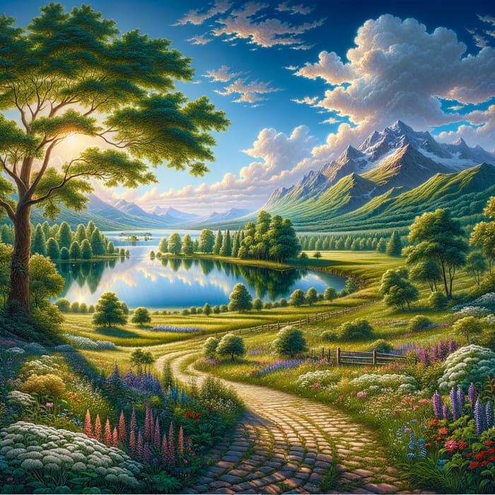 Idyllic Landscape Scene with Forest, Lake, and Mountains