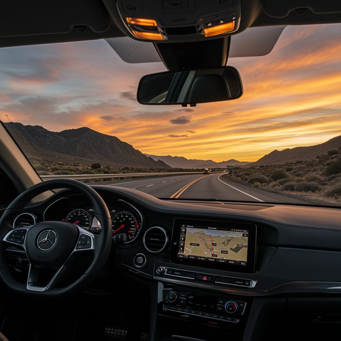 Luxury Car Interior with Stunning Sunset View