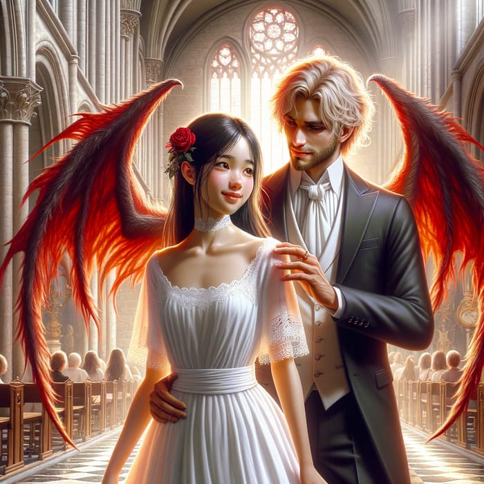 European Church Demon Winged Man & Girl in White Dress