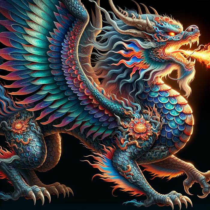 Majestic Chinese Mythical Beast - Radiant Scales, Blazing Eyes