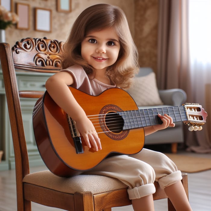 Cute Small Girl Playing Guitar with Bright Smile