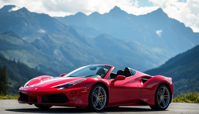 Red Ferrari Sports Car in Scenic Mountains